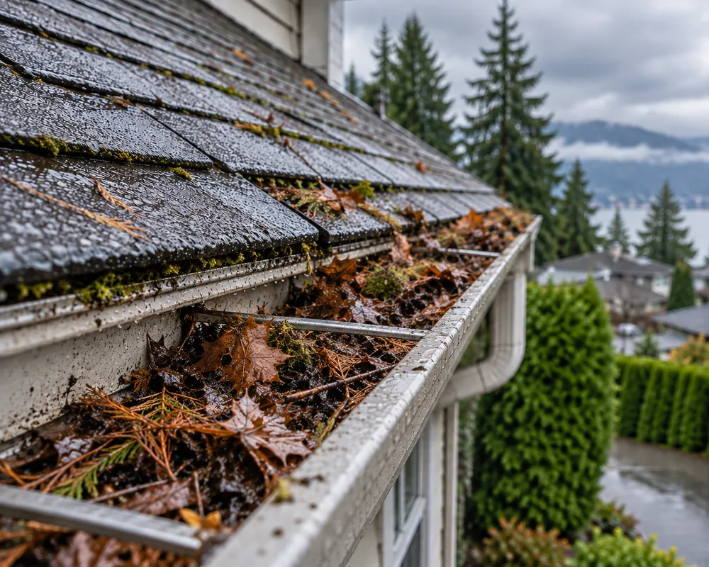 Before: clogged gutter