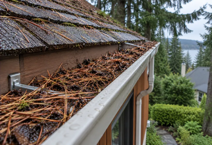 Before: clogged gutter