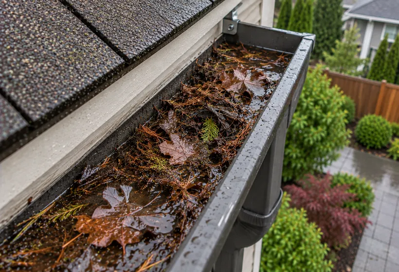 Before: clogged gutter