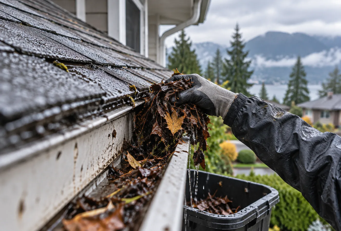 Tile-Igos technician removing debris from a gutter by hand
