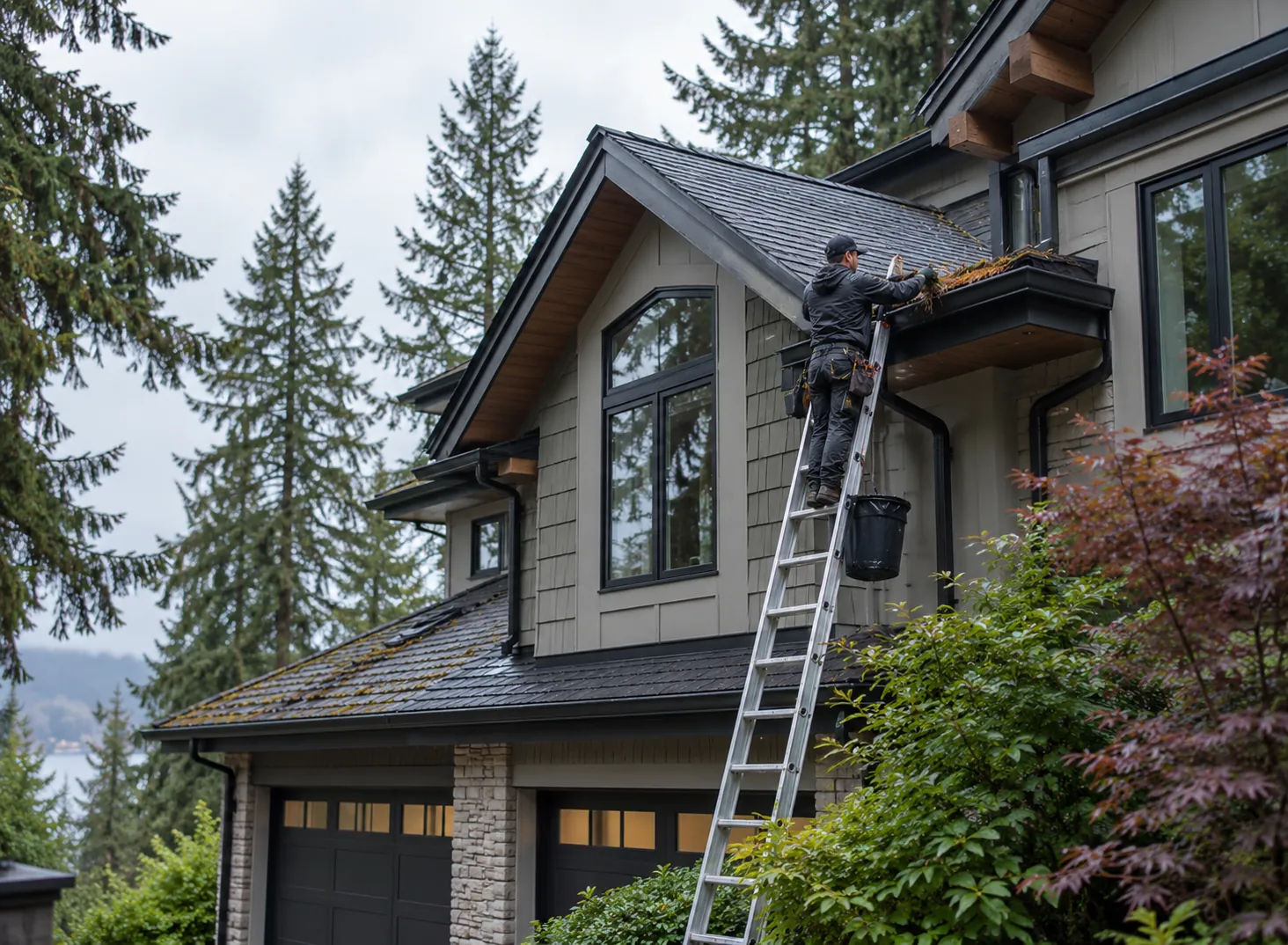 Tile-Igos technician on an extension ladder reaching a high roofline
