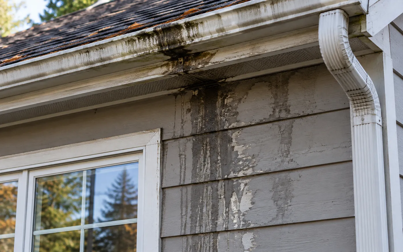 Water stains and peeling paint on siding below a clogged gutter