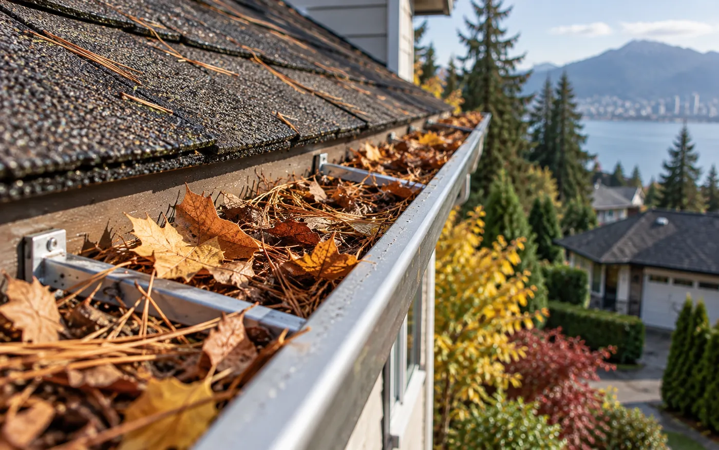 Dry leaves and needles building up in a gutter