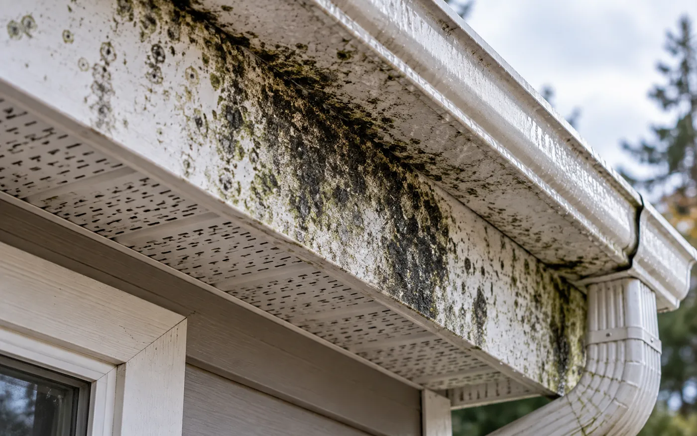 Mold and mildew spreading on a fascia board and soffit