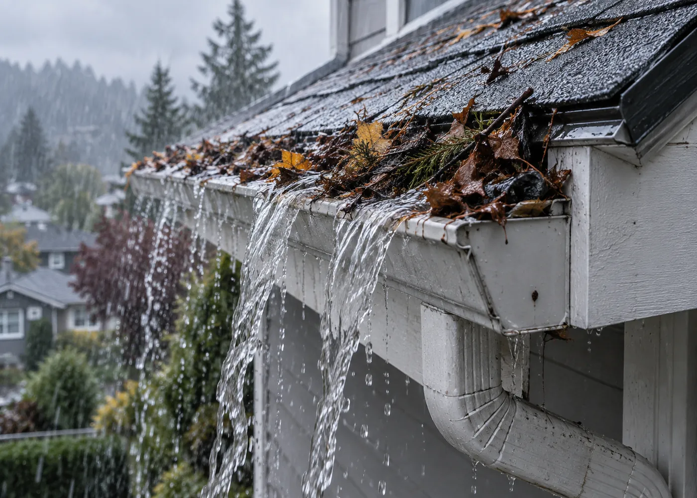 Rainwater overflowing a clogged gutter