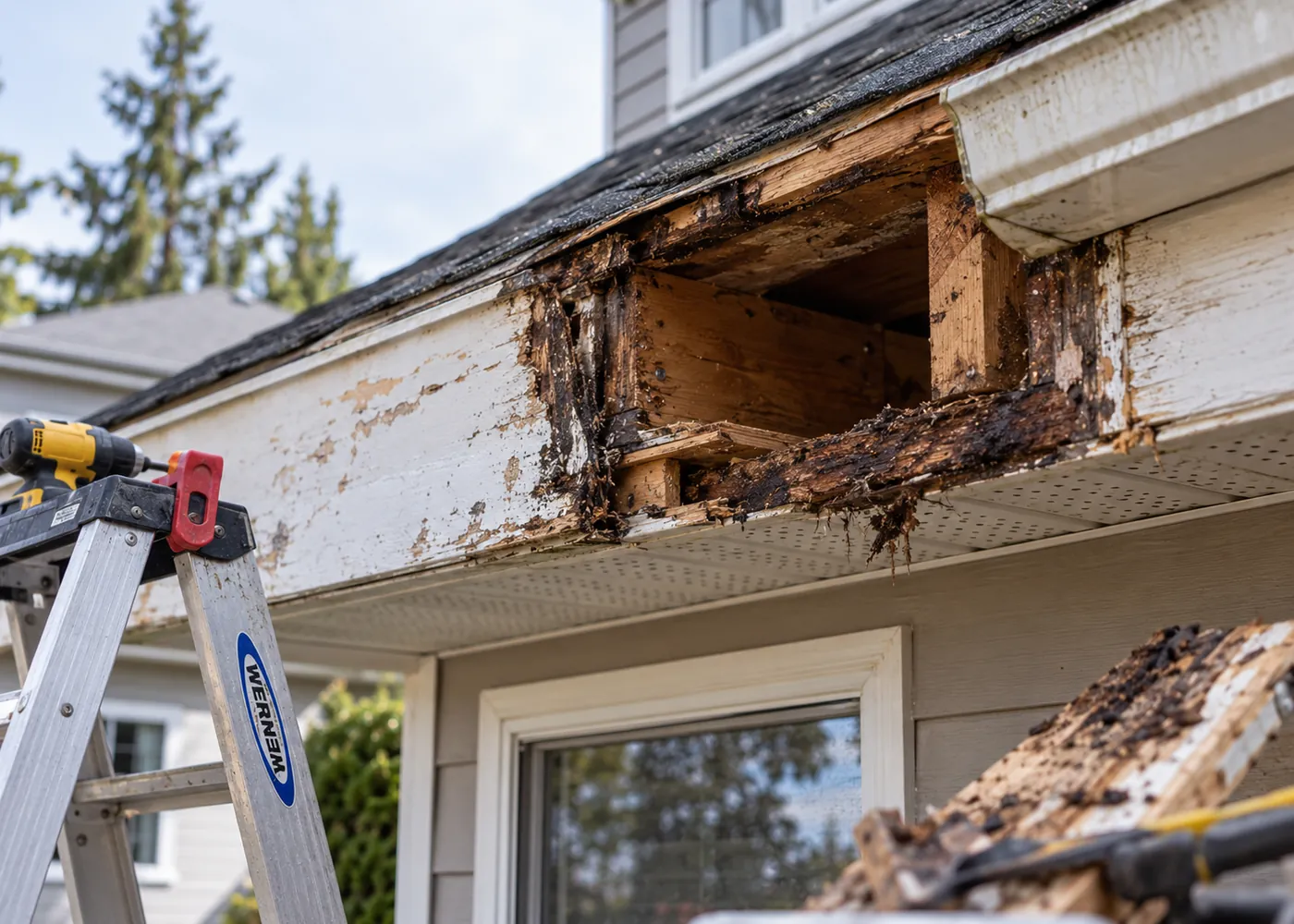 Rotted fascia opened up for repair after long water damage