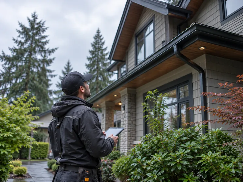 Technician inspecting a roofline before cleaning