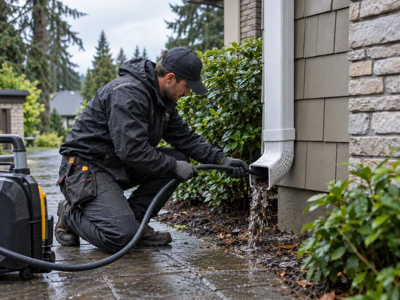 Water flowing freely from a cleared downspout
