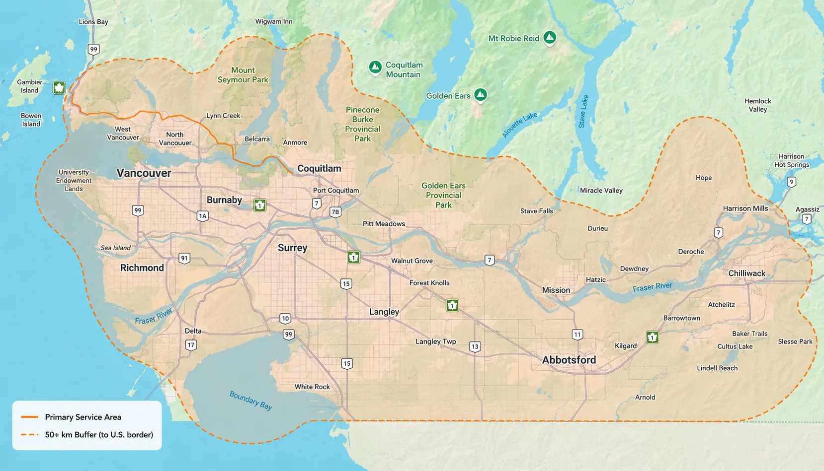 Service area map: Metro Vancouver and Fraser Valley, BC — primary zone and 50 km buffer